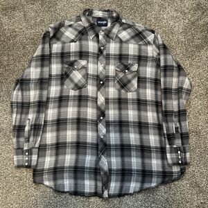 VTG Wrangler Western Pearl Snap Shirt Plaid Farm Rodeo Cowboy Sz 2XL TALL Grey